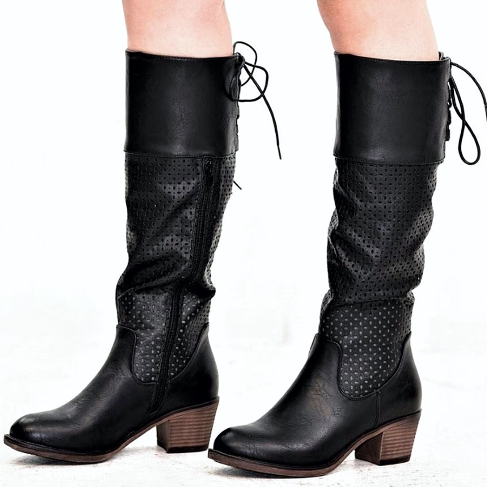 New Black Back Lace Cutout Knee High Riding Boots